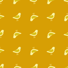 Doodle dove bird seamless pattern in hand drawn simple stylistic. Ocher background.