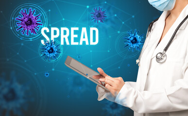 doctor prescribes a prescription with SPREAD inscription, pandemic concept