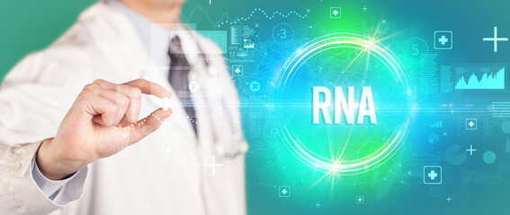 Close-up of a doctor giving you a pill with RNA abbreviation, virology concept