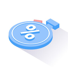 Stopwatch with percent sign. Time is money concept. Vector illustration in isometric style. 3d icon.