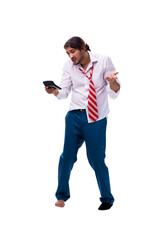 Young male bookkeeper with calculator isolated on white