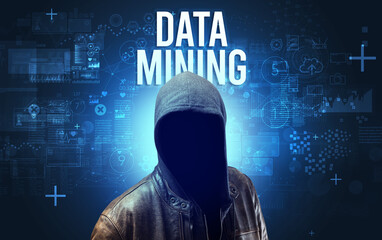 Faceless man with DATA MINING inscription, online security concept