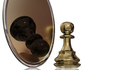 underestimate undervalue yourself pawn golden looking at a mirron af find himself down fallen and black - 3d rendering