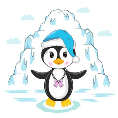 Vector illustration of a penguin on the background of an iceberg.