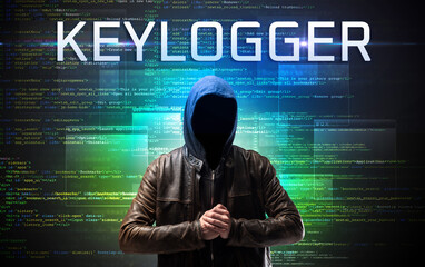 Faceless hacker with KEYLOGGER inscription on a binary code background