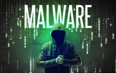 Faceless hacker with MALWARE inscription, hacking concept