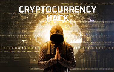 Faceless hacker at work with CRYPTOCURRENCY HACK inscription, Computer security concept