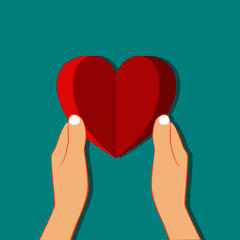 Hands holding a red paper heart. Valentines day vector illustration