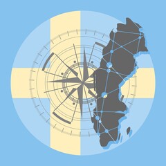 Brochure or report design element. Travel and discovery relative image. Compass symbol on geometry pattern. Flag of Sweden