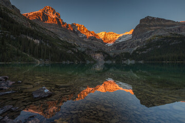 Sunset during fall in the mountains with snow, warm orange light on the peak, reflections on lake with calm clear water, trees and rocks, Lake O'Hara, Yoho National Park, British Columbia, Canada