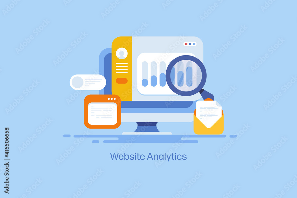 Aufkleber web analytics. seo data, business statistics information technology and marketing kpi metrics strate