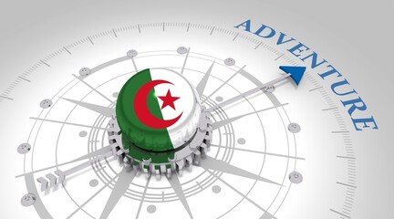 Travel concept. Abstract compass points to the adventure word. Flag of Algeria. 3D rendering
