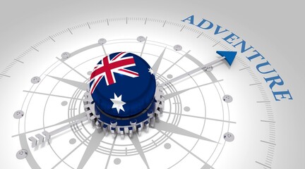 Travel concept. Abstract compass points to the adventure word. Flag of Australia. 3D rendering