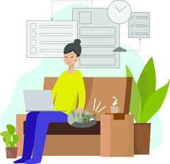 Girl work at home with cat. Telework remote work on sofa as freelancer. Home work space. Home office couch workspace. Home office workplace.
