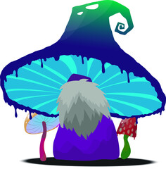 Fantasy cartoon mushroom with beard for game design. Character vector sketch illustration. White background. Vector drawing.