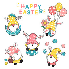 Obraz na płótnie Canvas Cute Bunny ears Gnome Happy Easter pastel cartoon doodle illustration clip art collection