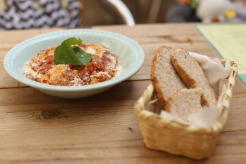 delicious appetizing classic spaghetti pasta with tomato sauce, parmesan