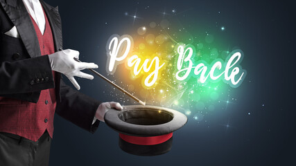 Magician hand conjure with wand and Pay Back inscription, shopping concept