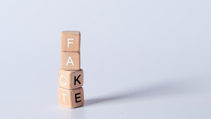 hand holding dice with text for illustration of "Fact and fake" words 