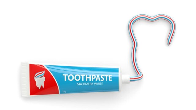 Toothpaste tube making tooth shape over white background