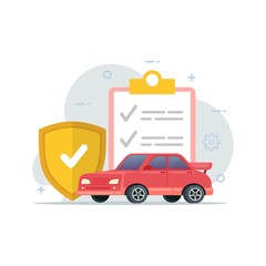 Car insurance coverage protection with contract document and shield vector flat illustration