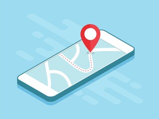 GPS navigation with check in symbol on screen of mobile phone isometric vector illustration