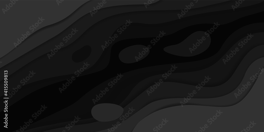 Poster Black paper cut background. Modern 3D abstract wallpaper. Minimal origami curved shapes. Dark multilayer template with color gradient and copy space. Decorative carve design, vector banner mockup