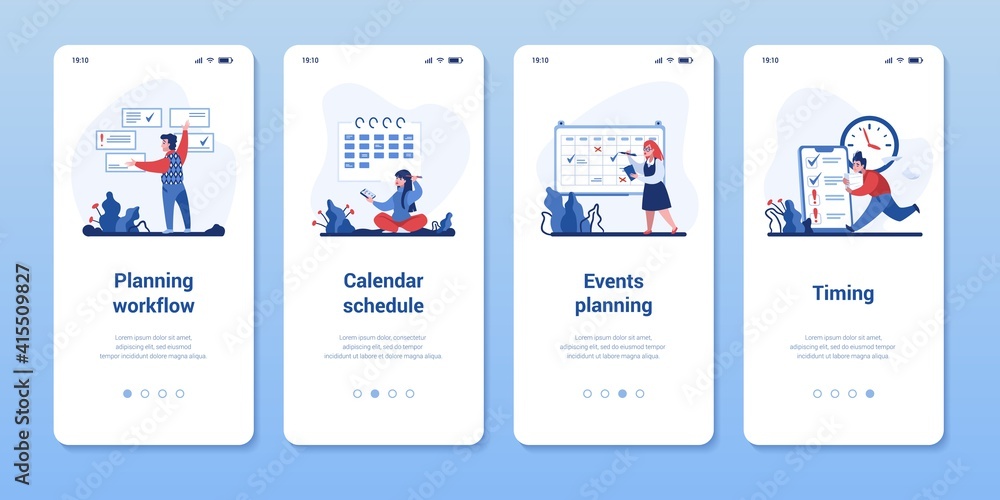 Aufkleber Time management application. Smartphone onboarding screens for planning workflow or meetings and scheduling. Mobile detail app pages set with cartoon vector scenes with hard working business people