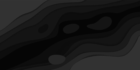 Black paper cut background. Modern 3D abstract wallpaper. Minimal origami curved shapes. Dark multilayer template with color gradient and copy space. Decorative carve design, vector banner mockup