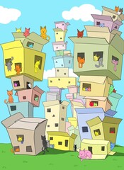 cat paradise city utopia made of boxes and populated by colorful cats