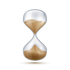Realistic hourglass. 3D sand clock. Old-fashioned stopwatch for time measurement. Connected transparent flasks with falling grains measure seconds. Vintage countdown timer. Vector isolated glass watch