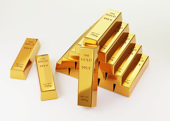 3d rendering Stack of gold bars 1000 grams  on a white background. financial and Banking business concepts, background concepts,  3D illustration.