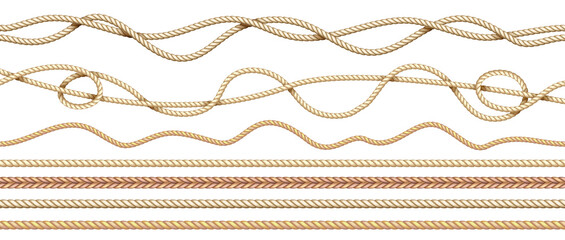 Realistic ropes. 3D natural sailor twisted threads. Seamless jute cords borders with intertwined texture. Isolated straight and curved marine hemp cables. Vector braided twine set in nautical style