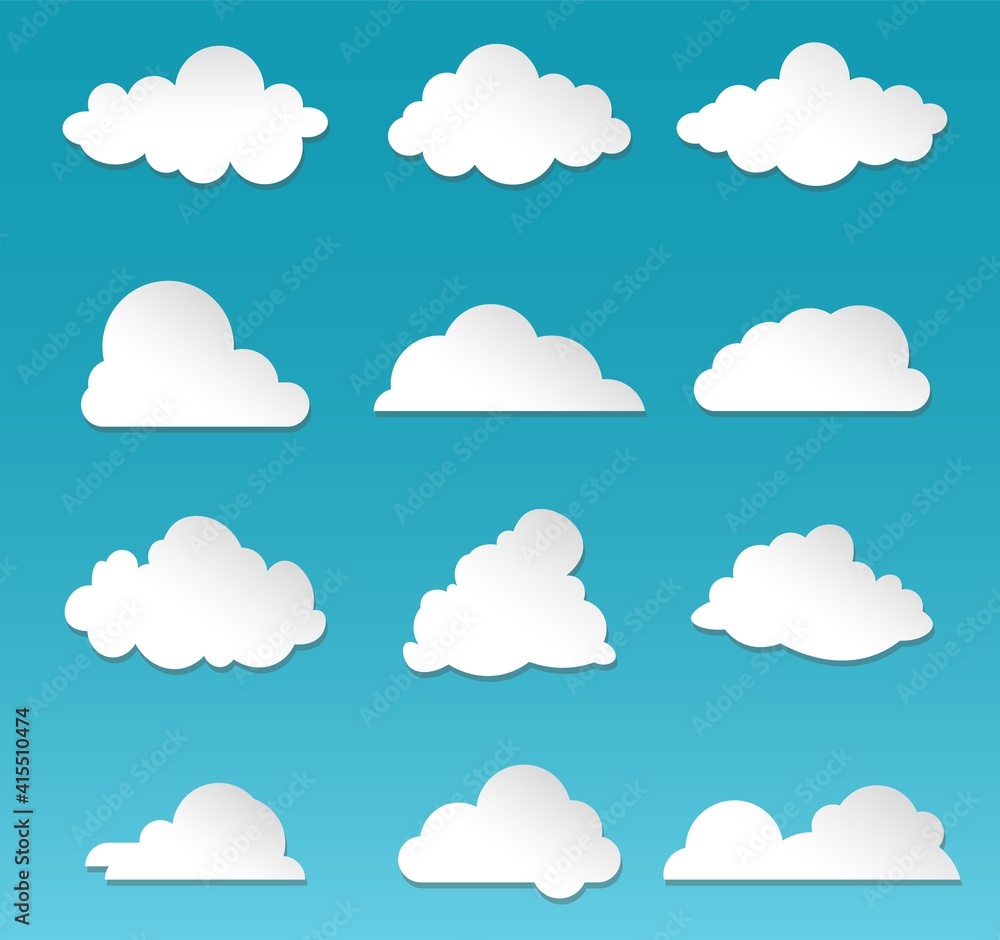 Poster clouds. rainy sky. cartoon fluffy white shapes on blue background. cutted paper appliques. decorativ