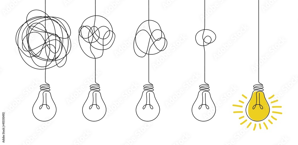 Wall mural messy lines and bulb. idea concept with outline lamps. doodle tangled cord with knot and broken illu