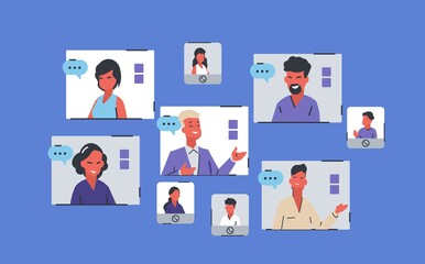 Fototapeta premium Online conference. Team working from home, people chatting, desk provides collective virtual chat using computer, business meeting videocall window on screen vector cartoon video conferencing concept