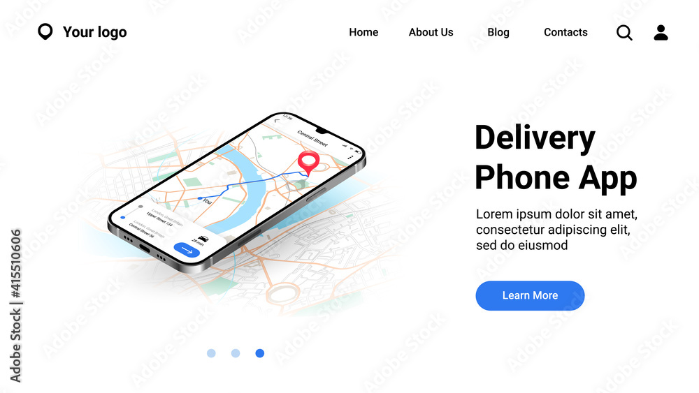 Fototapete Phone city map landing page. Mobile delivery application interface. Online tracking courier route on urban plan. Website UI realistic design, smartphone GPS service with buttons. Vector web mockup