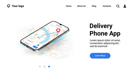 Phone city map landing page. Mobile delivery application interface. Online tracking courier route on urban plan. Website UI realistic design, smartphone GPS service with buttons. Vector web mockup