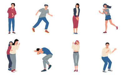 Scared people. Stressed surprised and shocked persons with nervous reactions. Anxious and afraid cartoon characters. Frightened men or women screaming in horror. Vector scenes set of panic attacks
