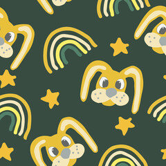 cute rabbit, bunny, Easter, stars and rainbow seamless pattern in trending color 2021. vector hand drawn. childrens wallpaper, textiles, decor. gray, gold, yellow.