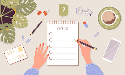 Checklist concept. Woman planning day or week. Business task scheduling, work process organization and achievements of goals. Top-down view. Vector illustration in flat cartoon style.