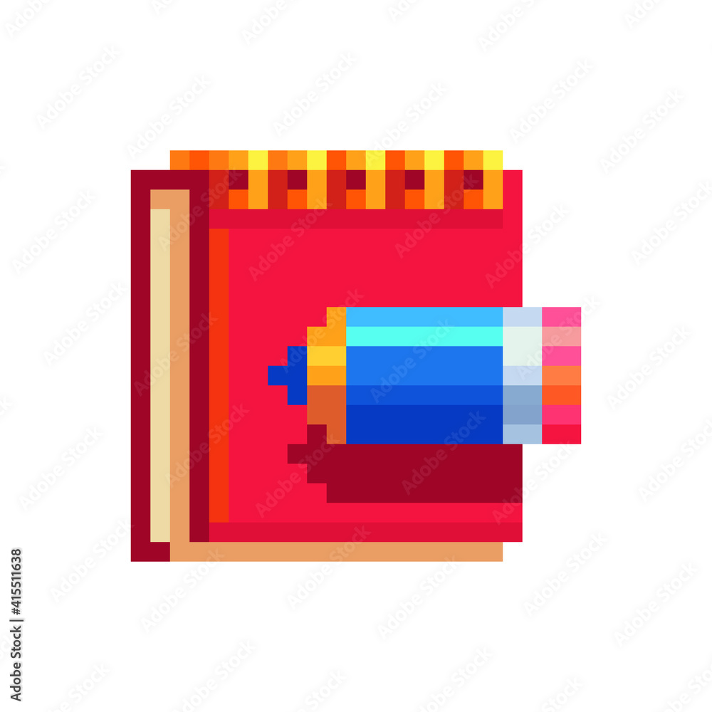 Poster red notebook with pencil. pixel art flat style. web site design. 8-bit. isolated abstract vector ill
