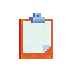 Clipboard icon for notes with clean sheet of paper pixel art icon. Isolated vector illustration. Element design for mobile app, web, sticker, logo. 8-bit.