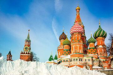 Snow pile near St. Basil's Cathedral, winter, Moscow, Russia.