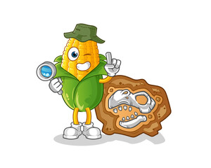 corn archaeologists with dinosaur fossils mascot. cartoon vector
