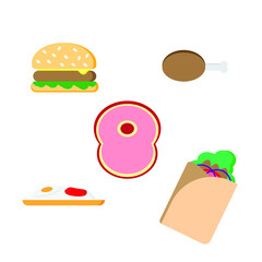 A vector of burger, fried chicken, raw meat, shawarma and nasi lemak on white background.