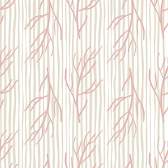 Hand drawn scrapbook seamless pattern with pink branch shapes elements. Striped light background.