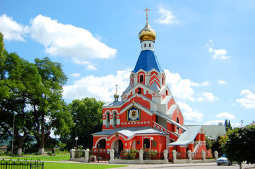 Red Church with an icon of Jesus Christ