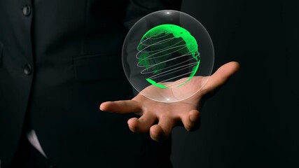 Human hand holding earth globe holographic technology . Futuristic visualization for virtual reality and augmented reality .