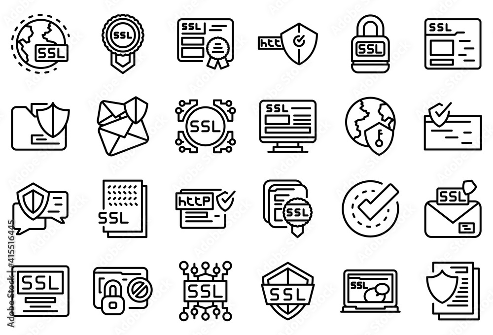 Poster ssl certificate icons set. outline set of ssl certificate vector icons for web design isolated on wh